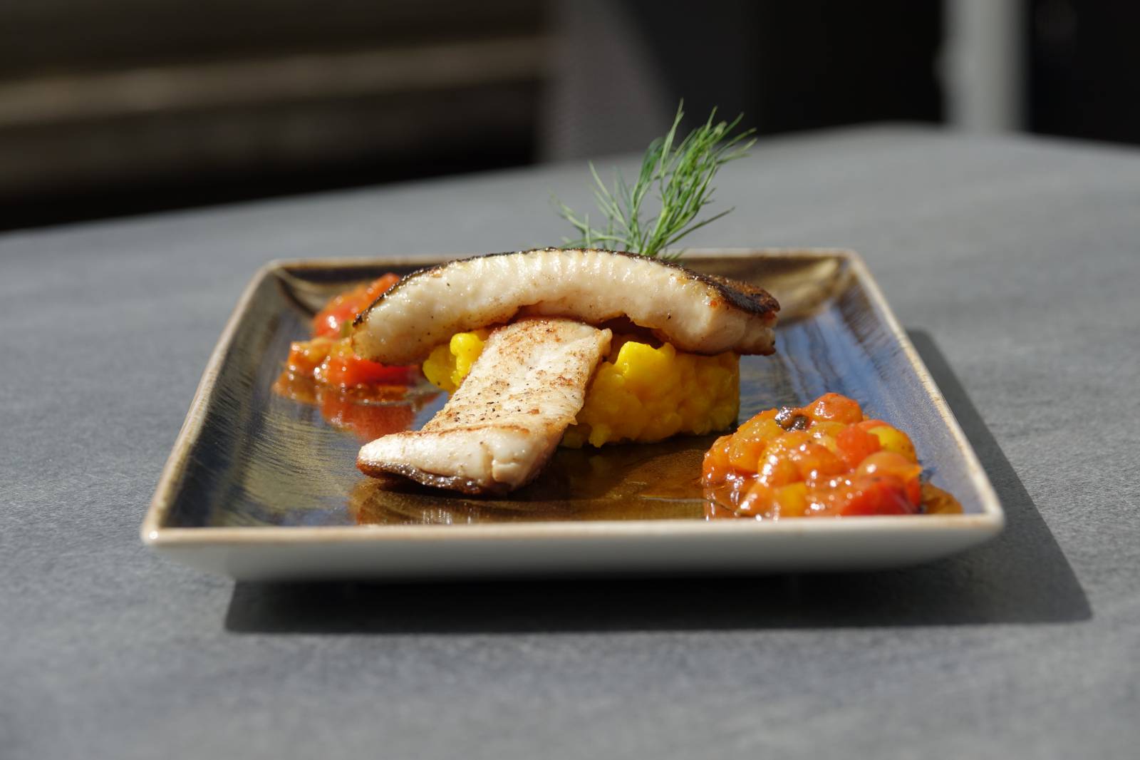 Gebratener Huchen mit Gemüserelish & Champagner-Safran-Risotto Symbolfoto