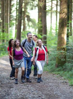 Eine kleine Gruppe wandert lächelnd durch einen Wald als Teil ihres Aktivurlaub im Allgäu.