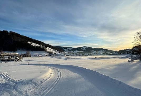 Eine schneebedeckte Landschaft mit Bergpanorama, welche Lust auf Winterurlaub in Bayern macht.